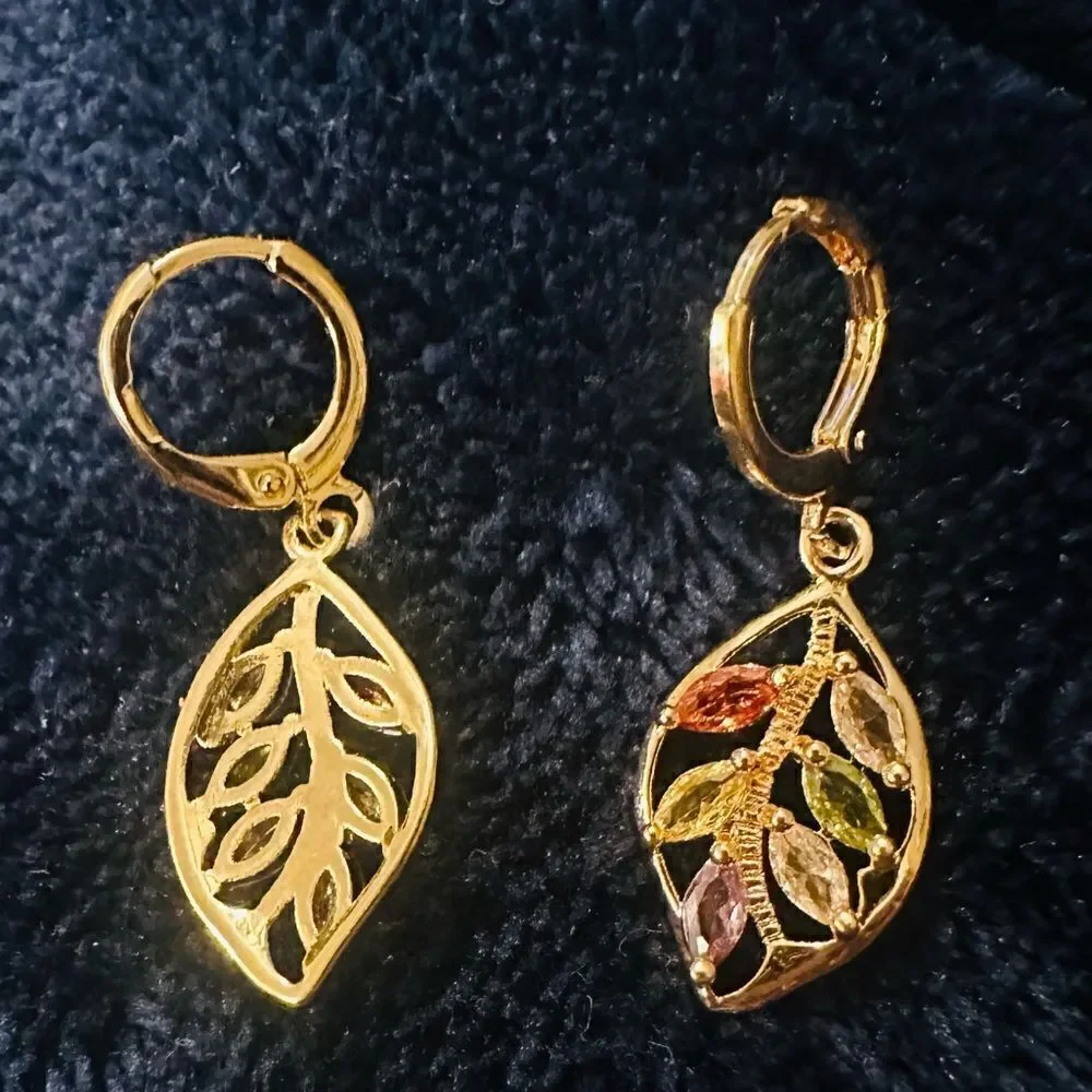 Vintage Style Golden Leaf Earrings with Multiple Colored Stones Grandmac